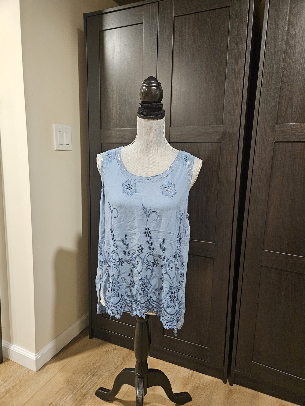 Sleeveless Light Blue Embroidered Tank Top - Feminine Summer Layer